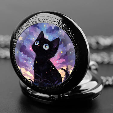 The Mystical Cat Clock Pendant by KittyNook Cat Co. is a black pocket watch with a cat gazing at a starry, colorful sky.